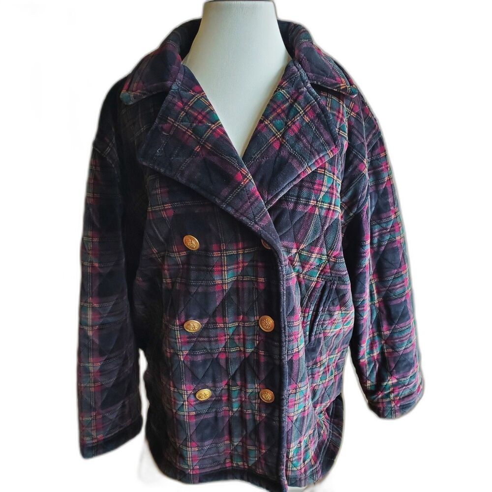 Jones New York Vintage Quilted Velvet Tartan Plaid Heavy Preppy Double Breast L